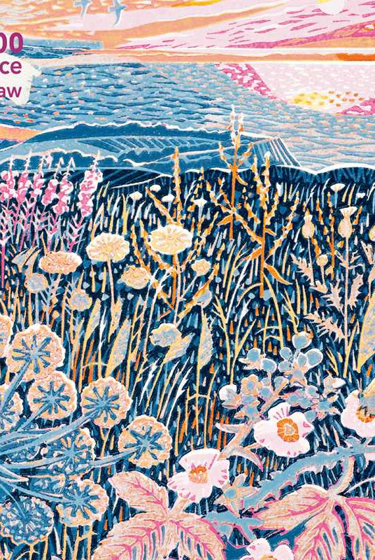 A colorful 1000 piece jigsaw puzzle depicting a vibrant landscape with floral elements and a serene sunset.