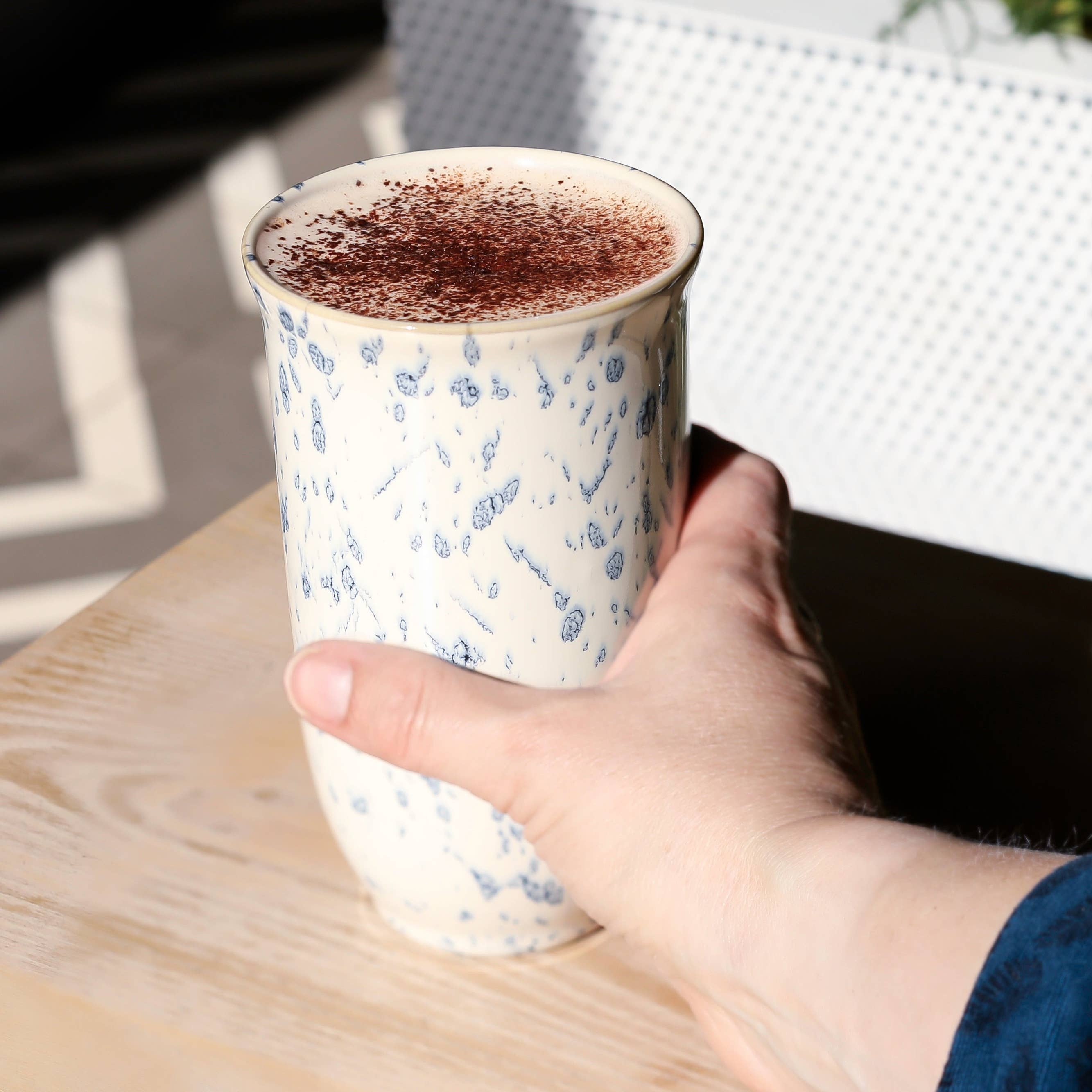 Blue Splatterware Ceramic Travel Mug– 16oz with Lid & Sleeve - Gather Goods Co.