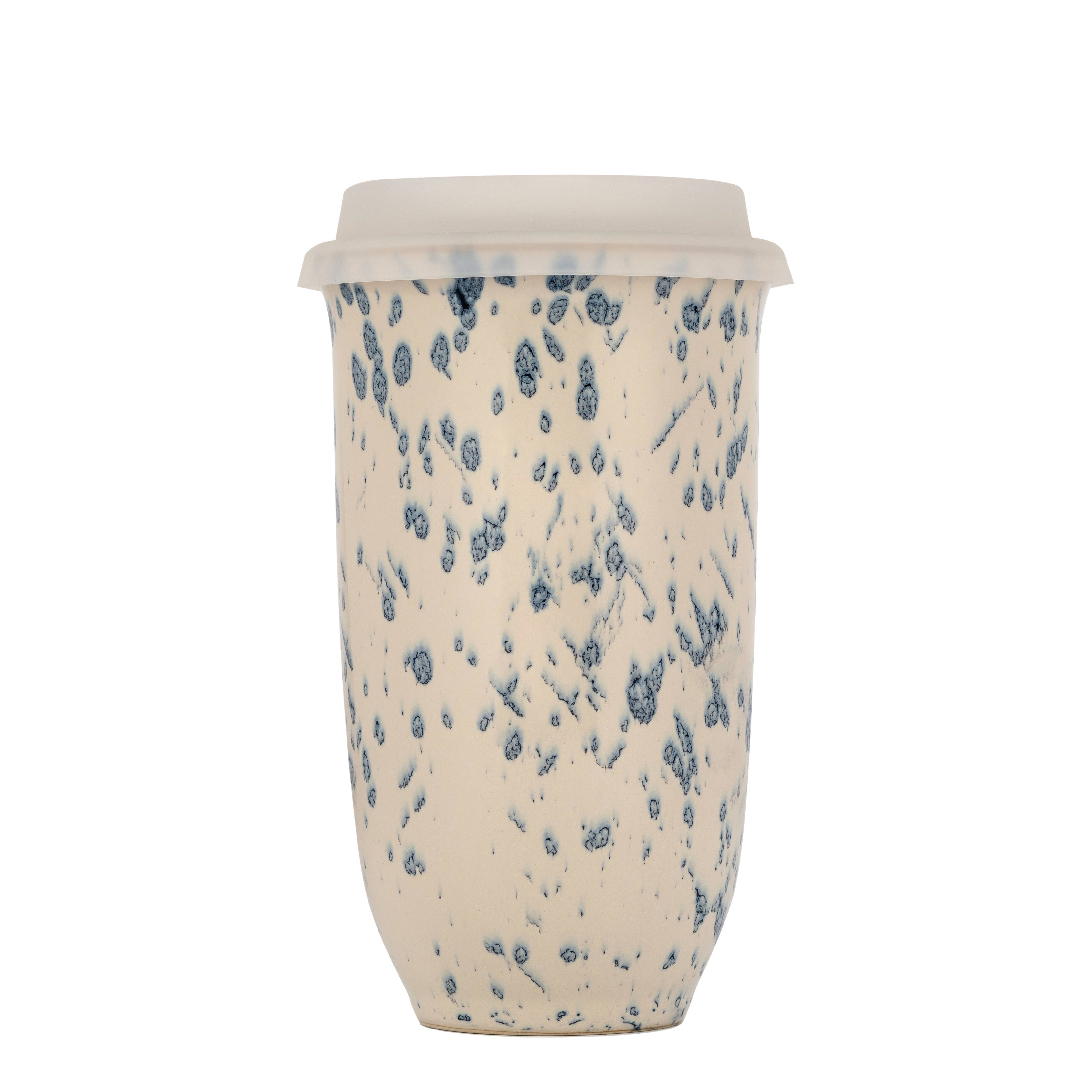 Blue Splatterware Ceramic Travel Mug– 16oz with Lid & Sleeve - Gather Goods Co.