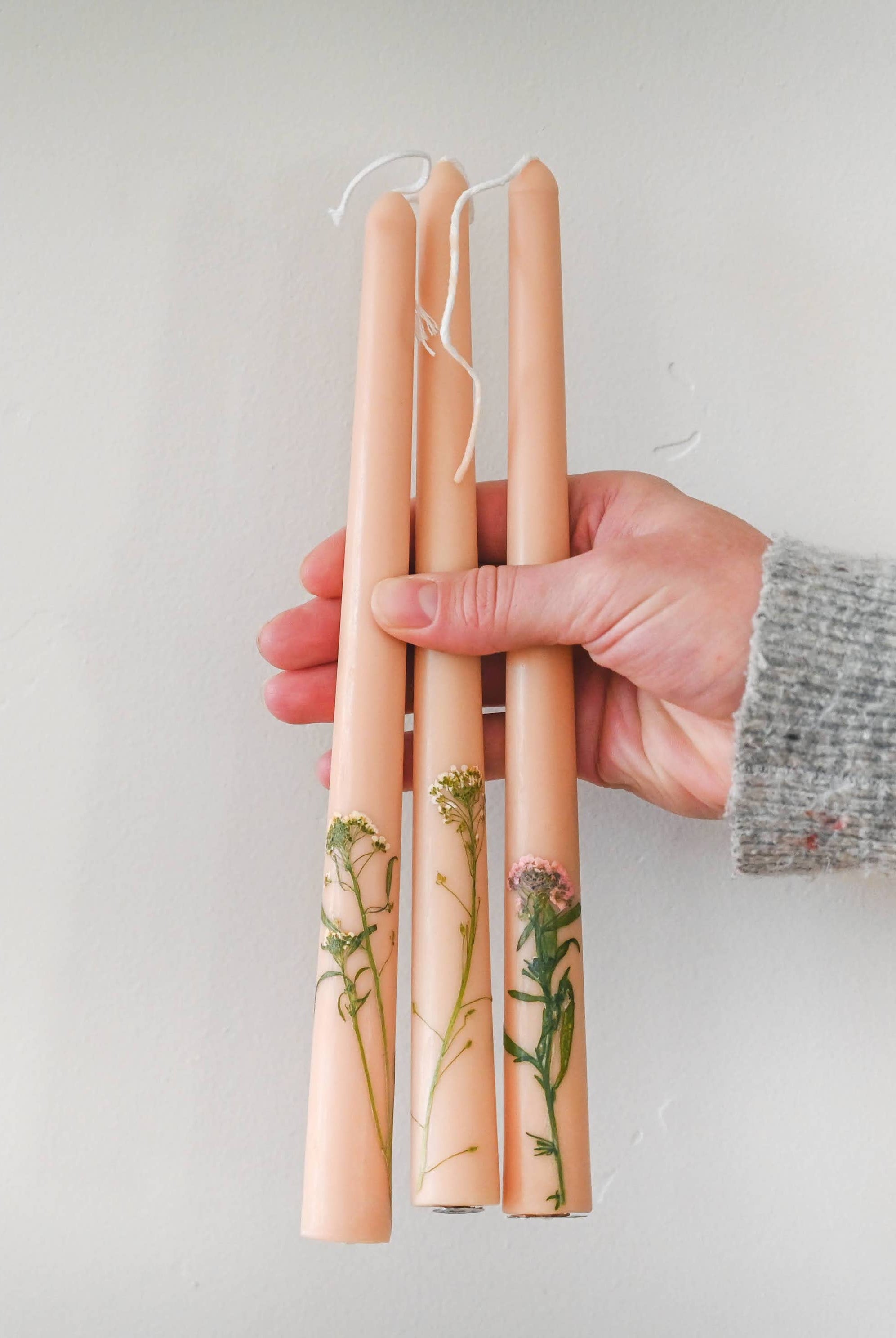 Floral Inlaid Tapered Candle in Pastel Pink - Gather Goods Co.