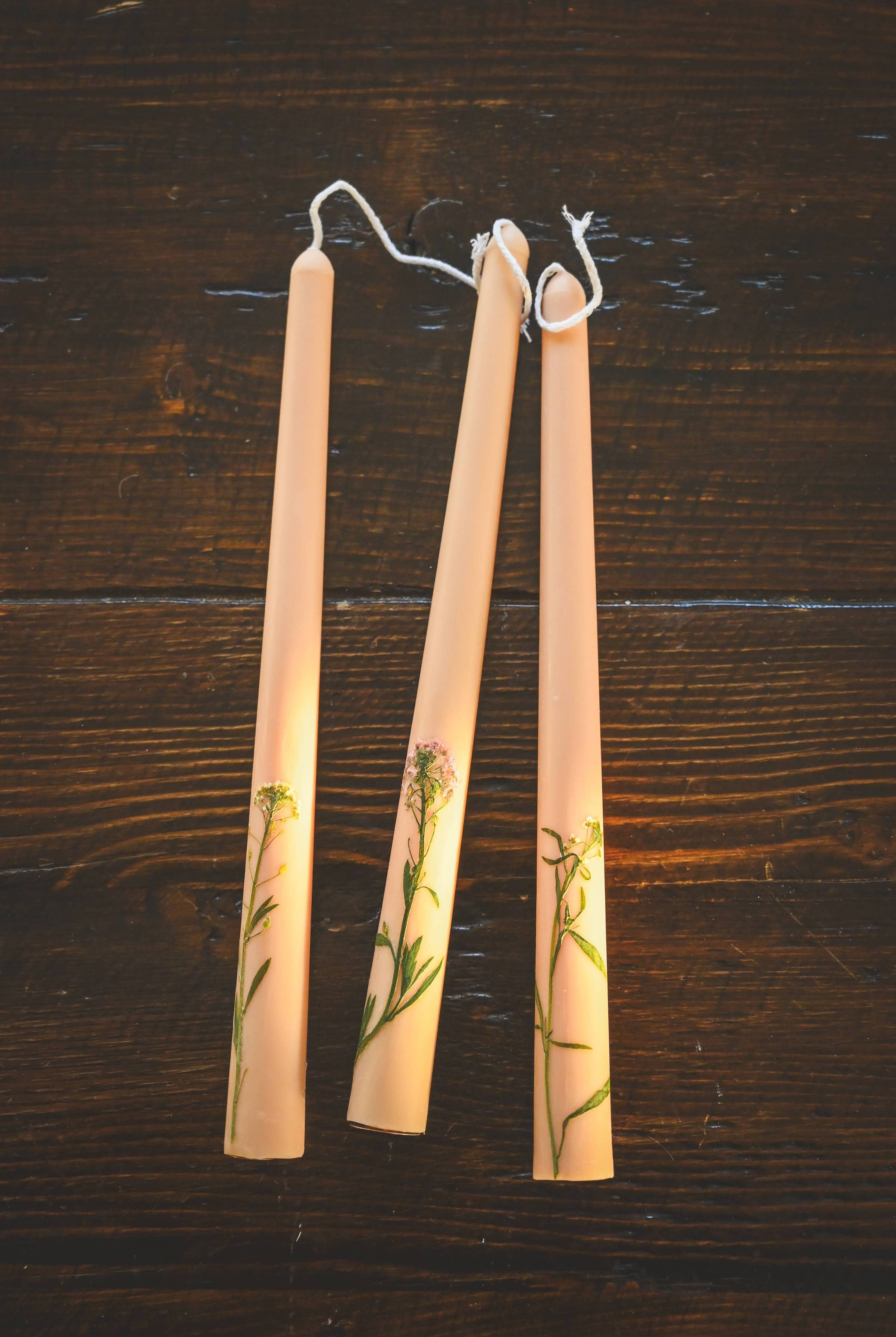 Floral Inlaid Tapered Candle in Pastel Pink - Gather Goods Co.