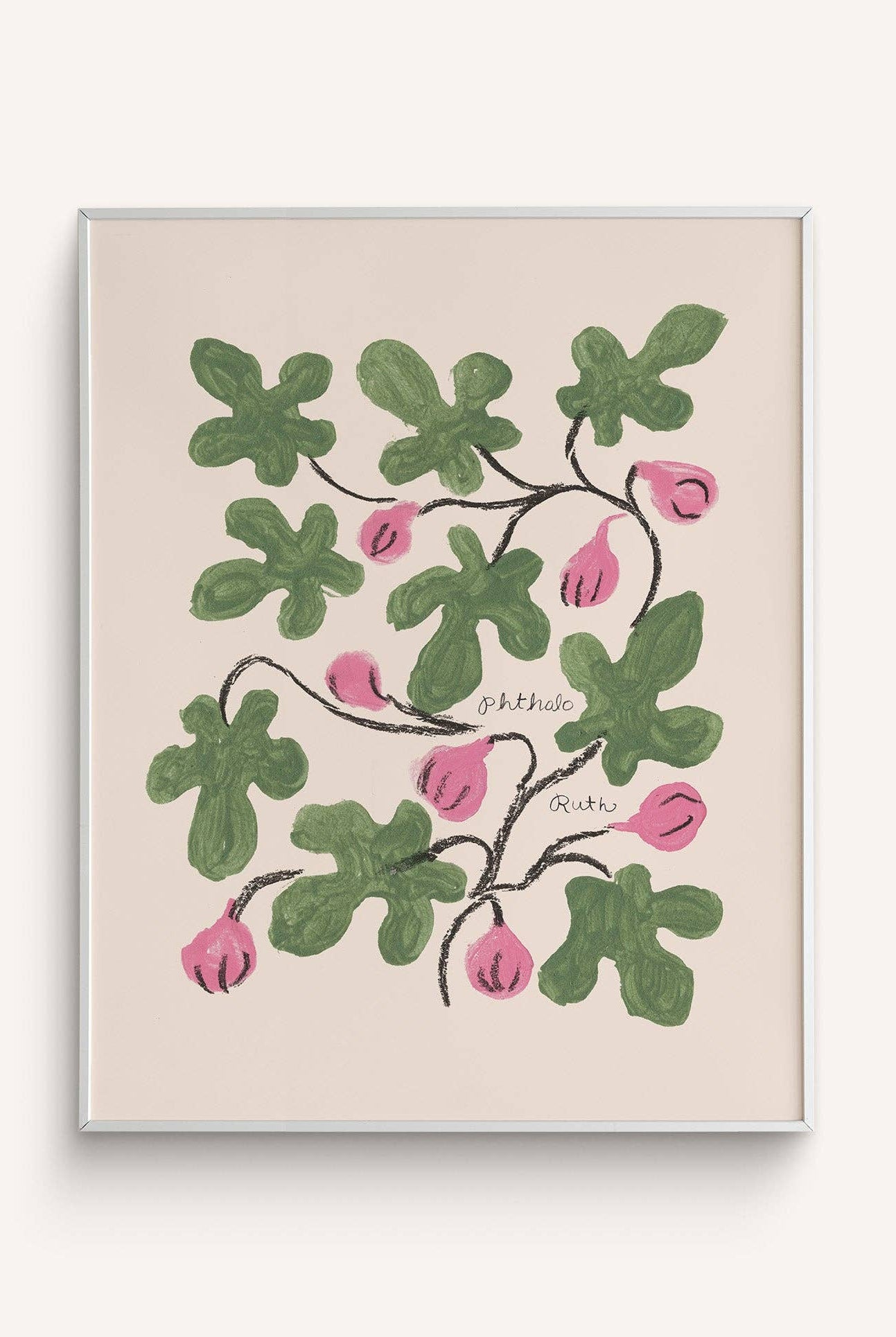 A wall art print featuring pink figs with green leaves and charcoal vines on a beige background.