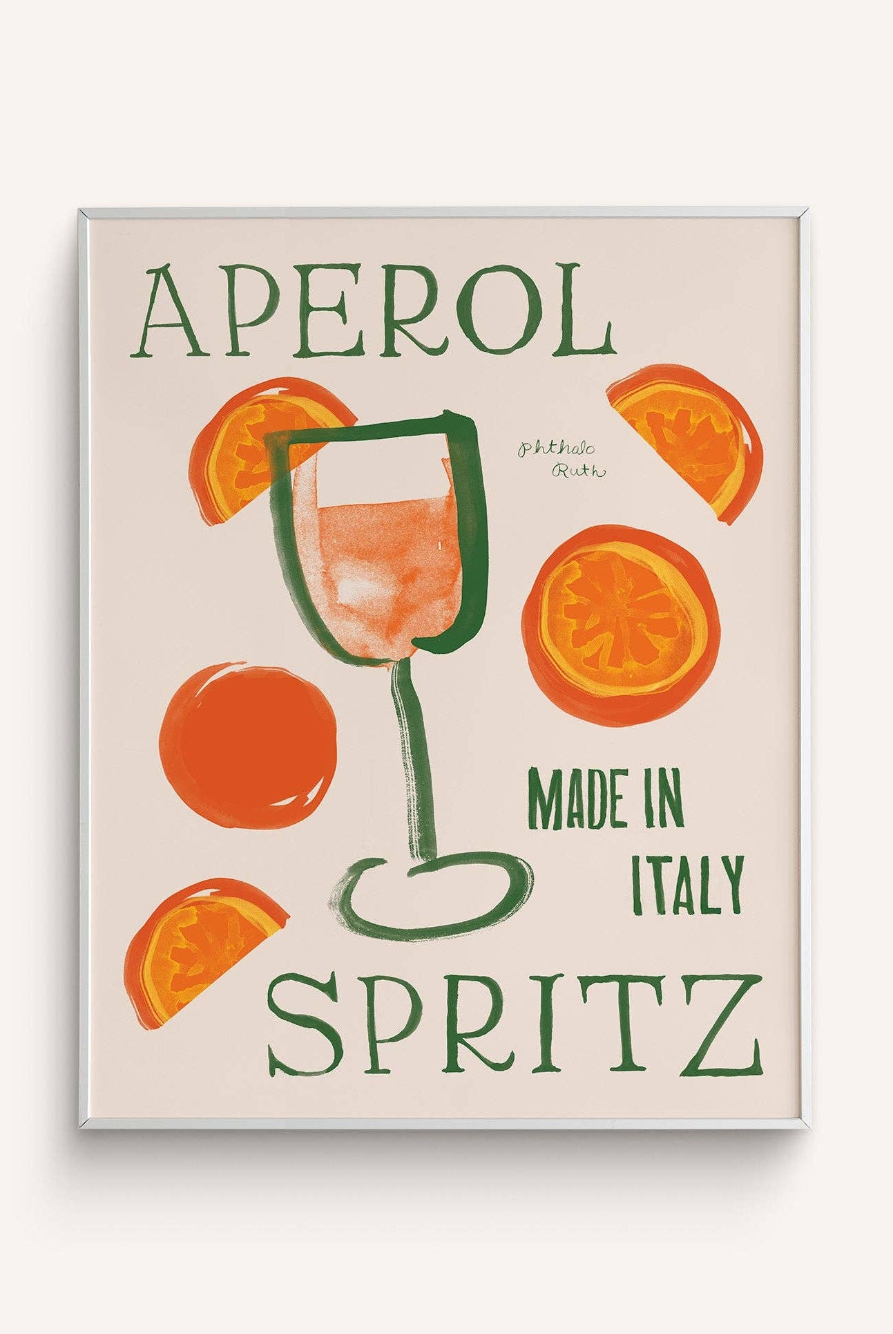 An art print with a illustration of a Aperol Spritz cocktail glass, surrounded by orange slices, with the text 'APEROL SPRITZ MADE IN ITALY'.