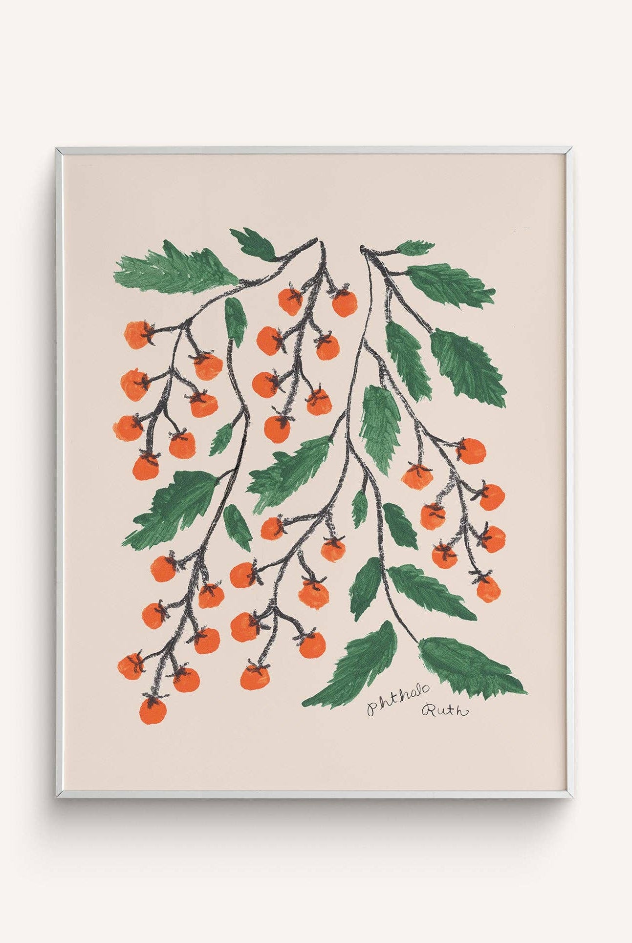 A framed art print featuring a whimsical illustration of tomatoes with charcoal-drawn stems on a beige background.