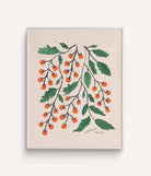 A framed art print featuring a whimsical illustration of tomatoes with charcoal-drawn stems on a beige background.