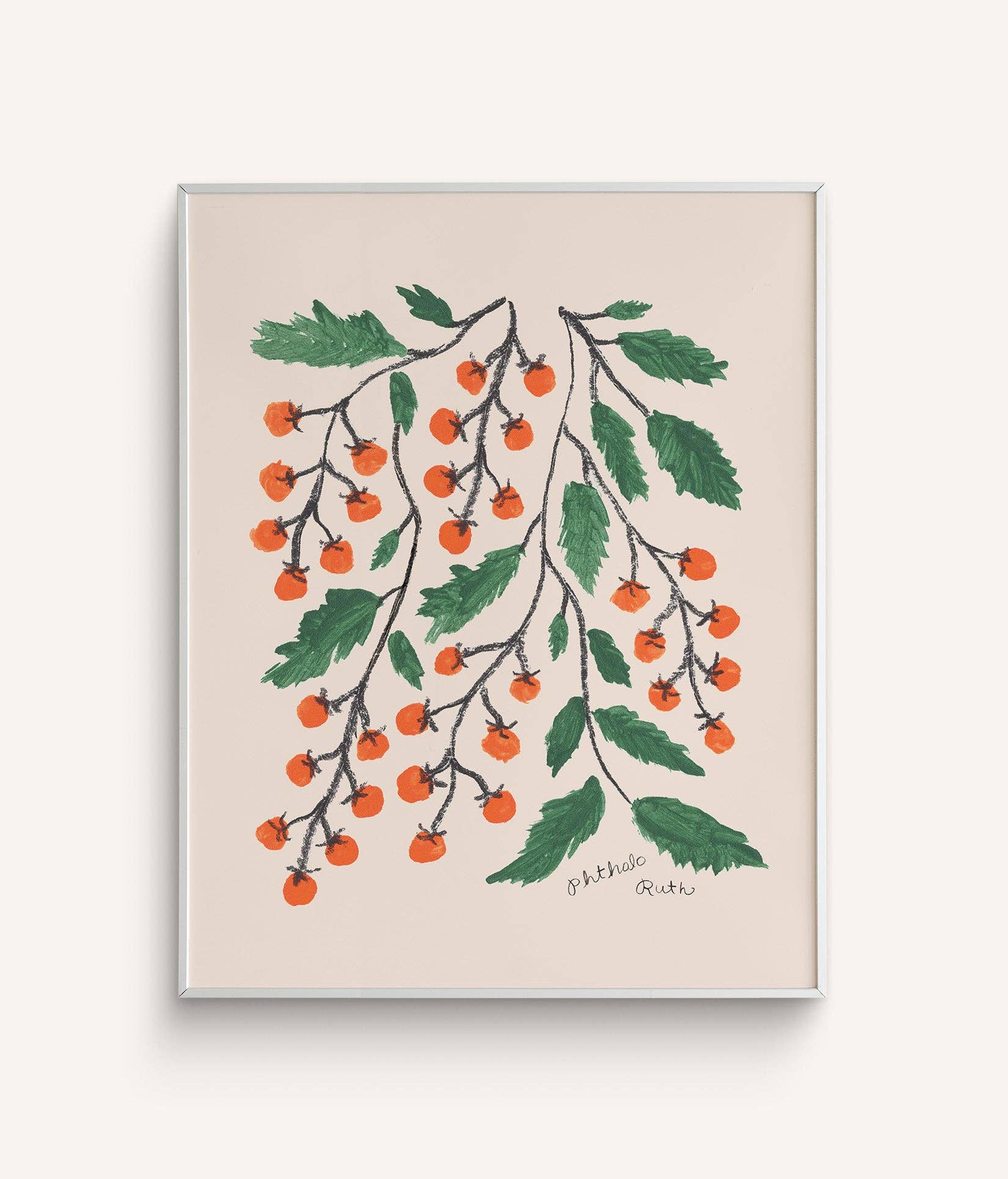 A framed art print featuring a whimsical illustration of tomatoes with charcoal-drawn stems on a beige background.