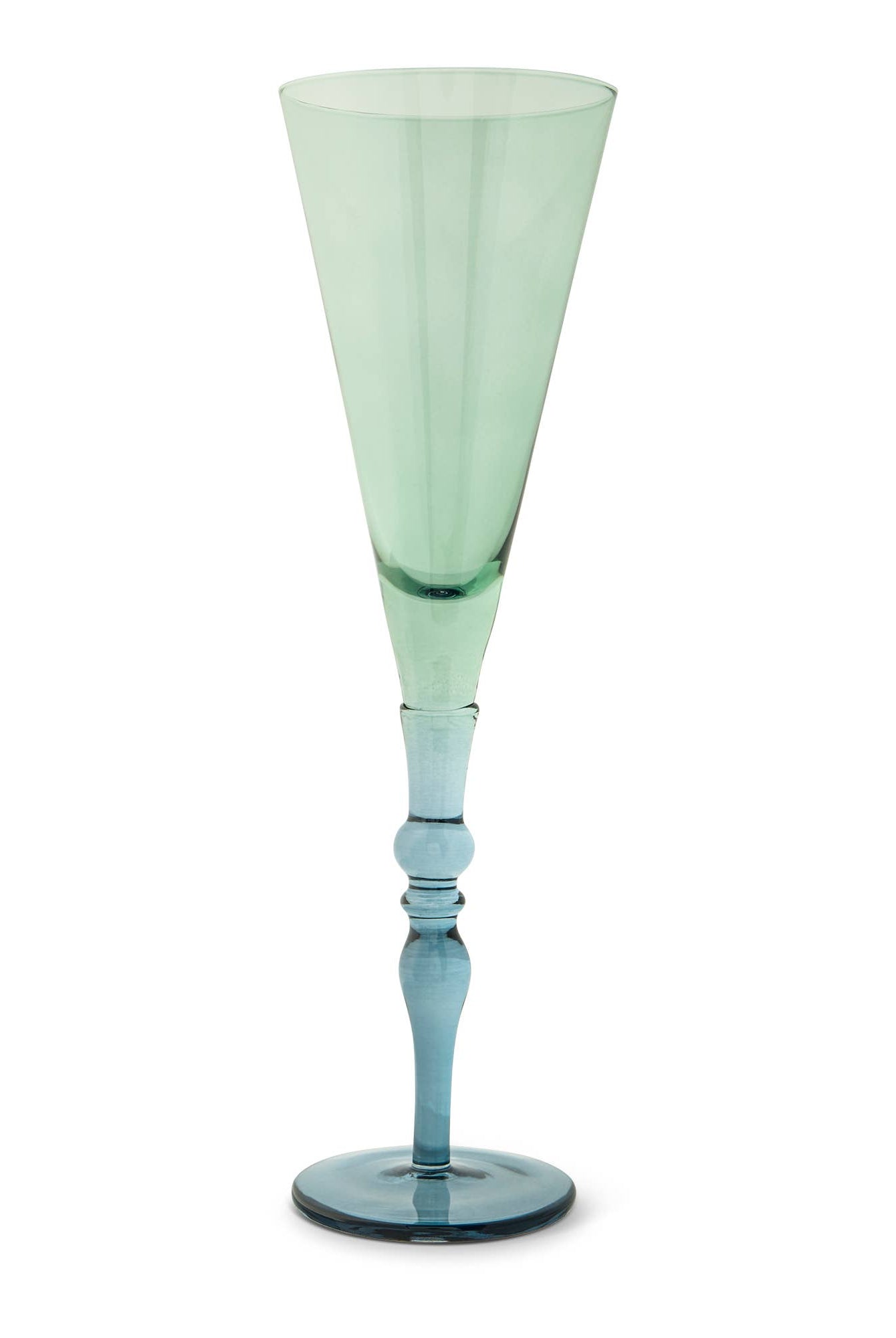 Green and blue glass flute on a white background