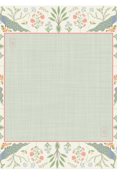 Mahjong Mat in Green and Cream with Peacock and Garden Motif - Gather Goods Co.