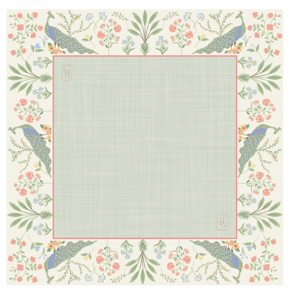 Mahjong Mat in Green and Cream with Peacock and Garden Motif - Gather Goods Co.