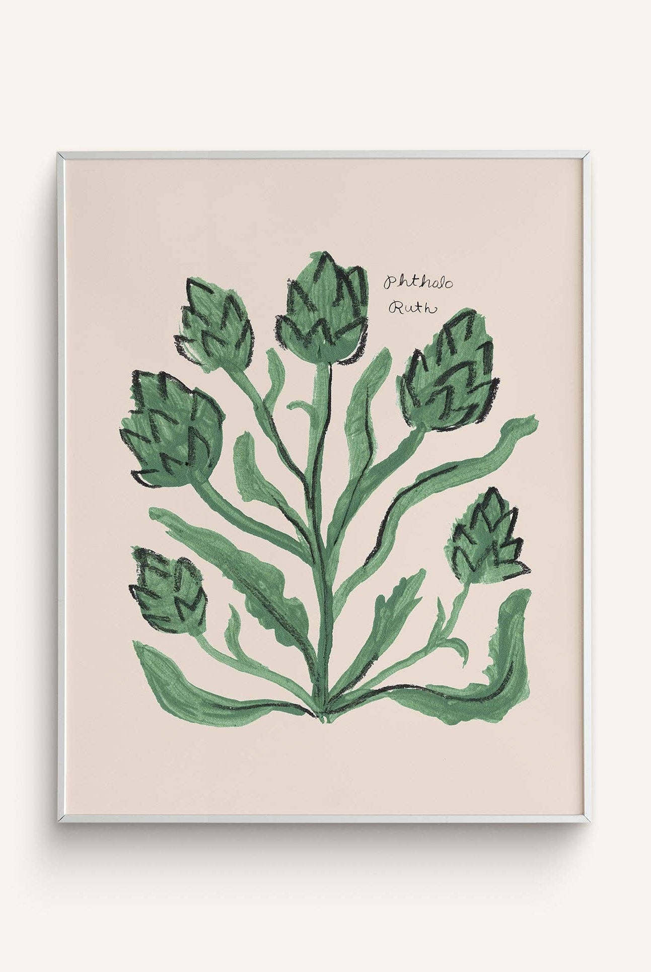 A hand-painted gouache illustration of green artichokes on a white background, labeled with the artist's signature.
