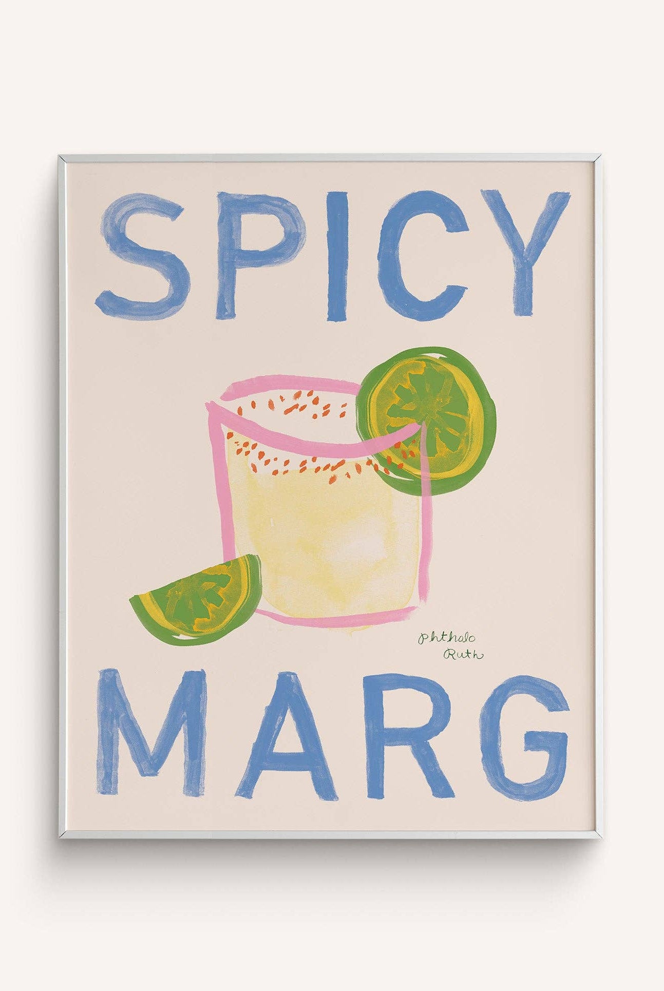 A colorful art print with the text 'SPICY MARG' at the top, depicting a painted margarita glass with a lime wedge on a beige background.
