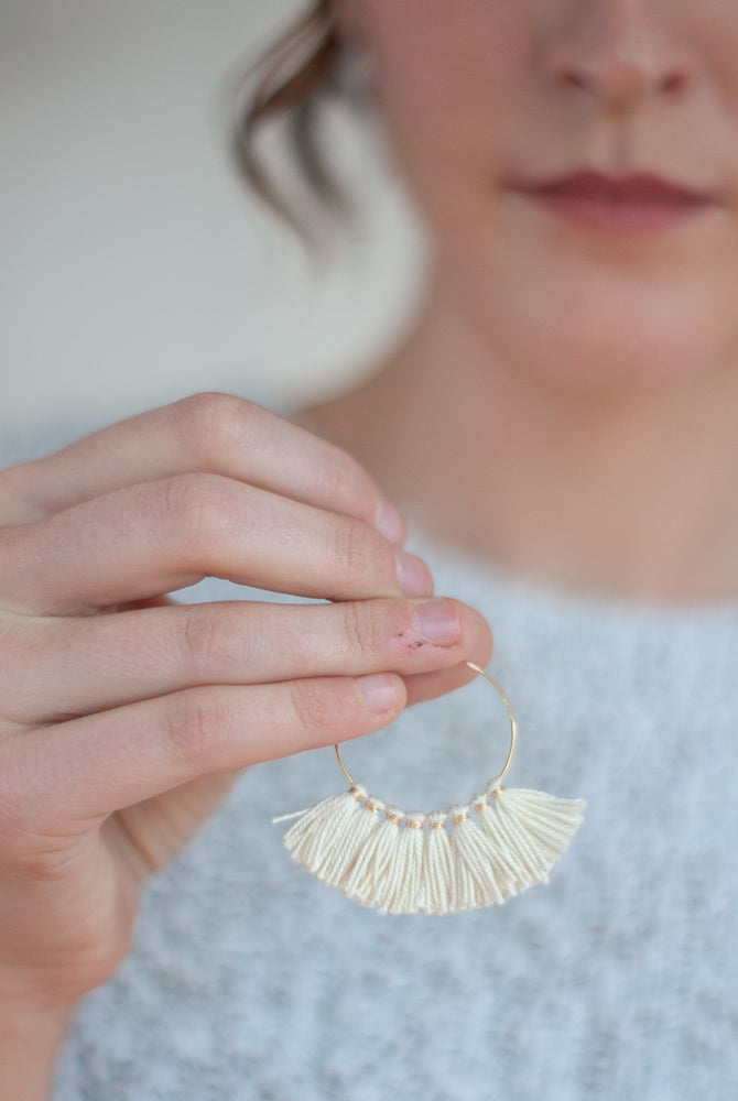 Cream Tassel Hoop Earrings - Gather Goods Co - Raleigh, NC