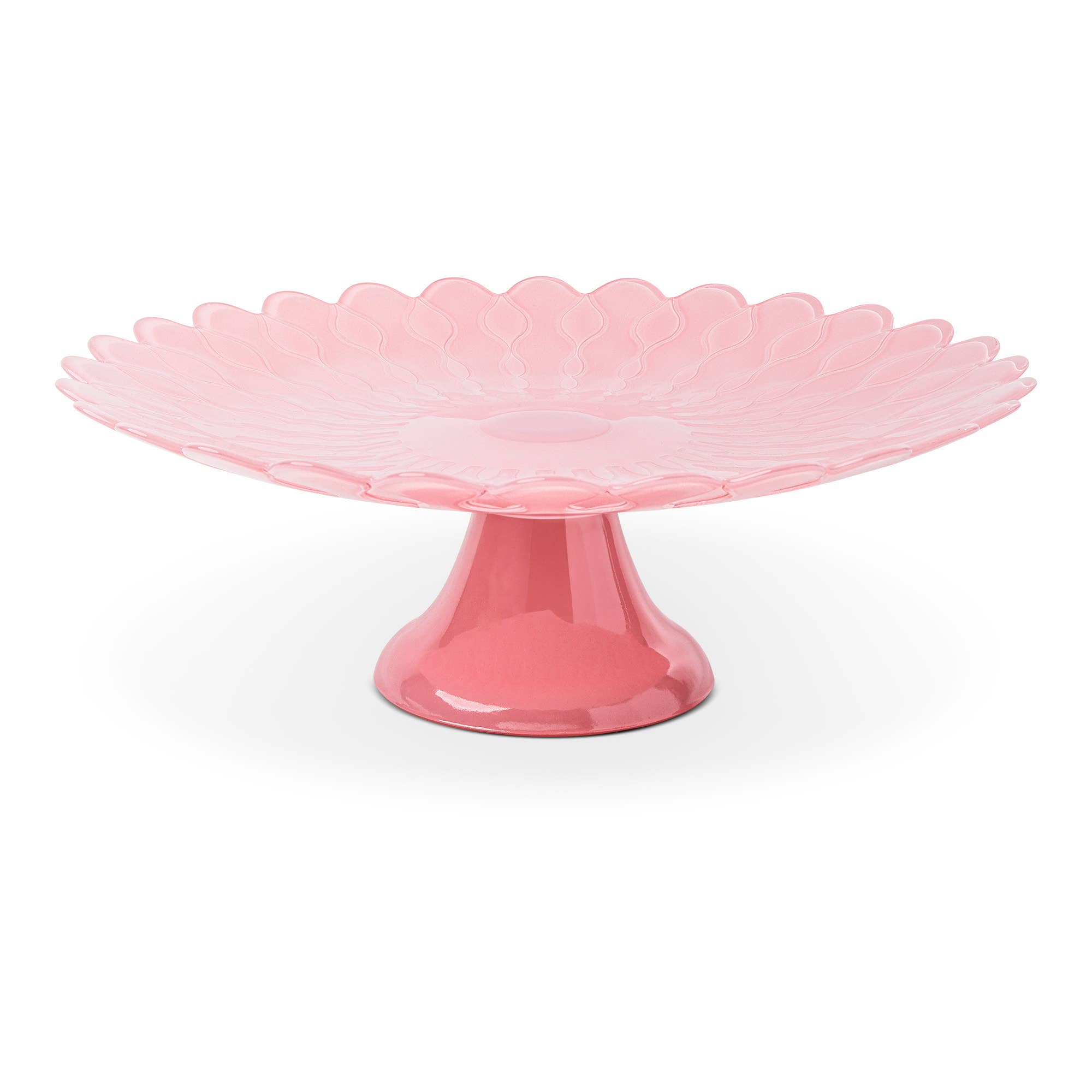 Pink cake stand with scalloped edge on a white background