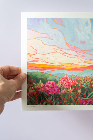 North Carolina Art Print, Sunset and Rhododendron View
