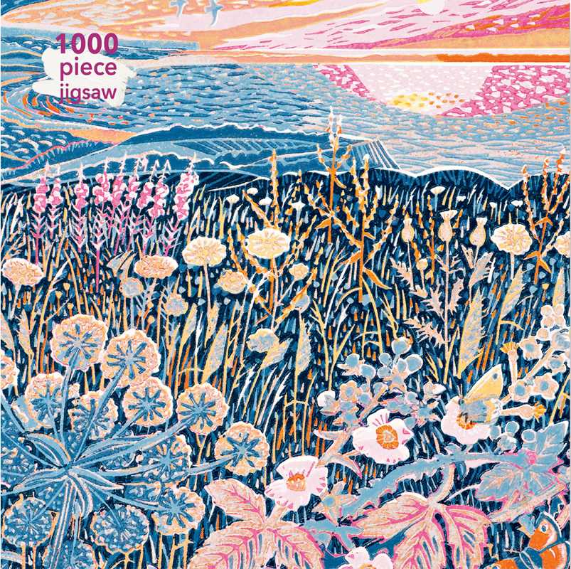 A colorful 1000 piece jigsaw puzzle depicting a vibrant landscape with floral elements and a serene sunset.