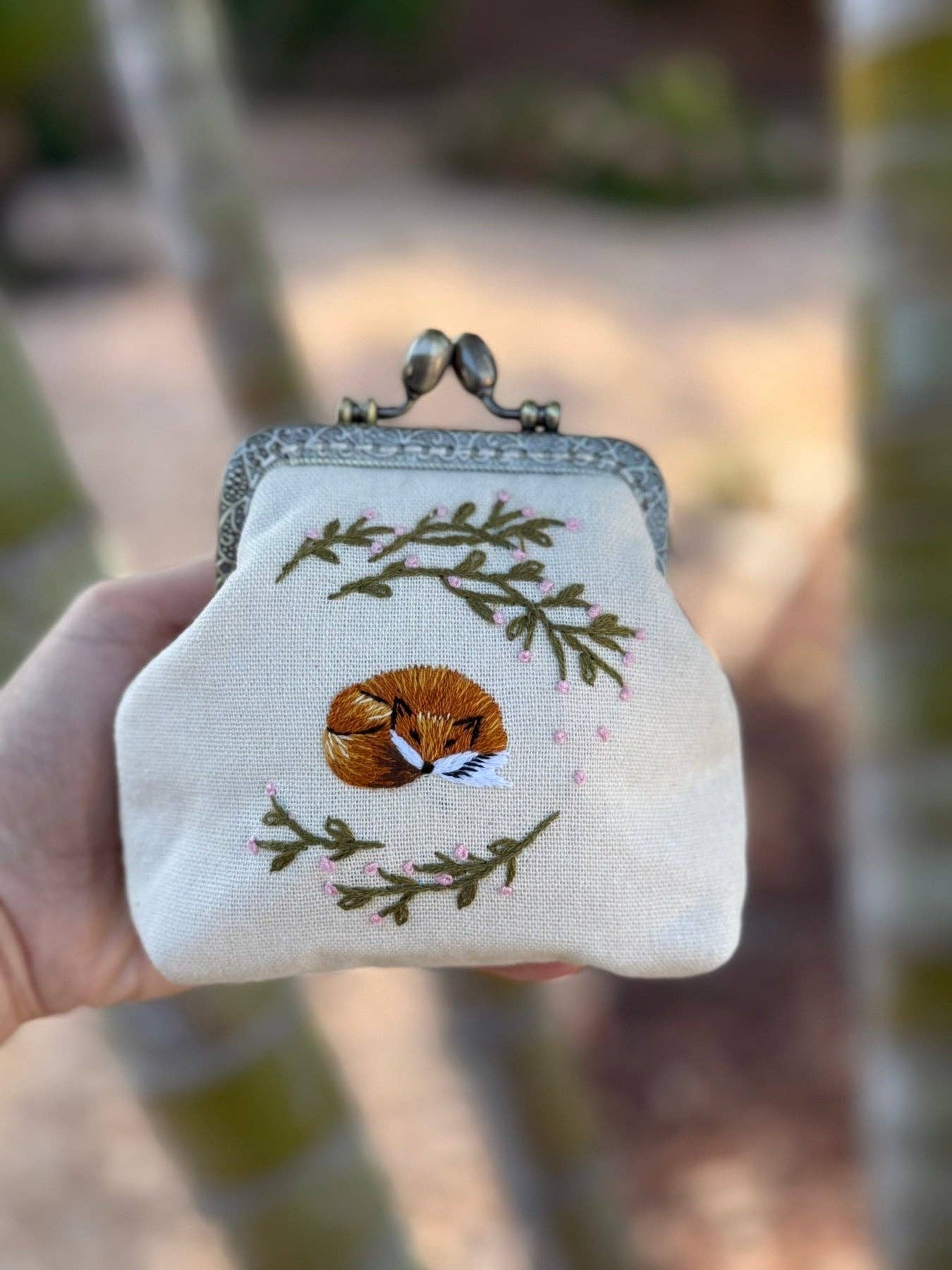 Embroidered Coin Purse with Sleeping Fox - Gather Goods Co.