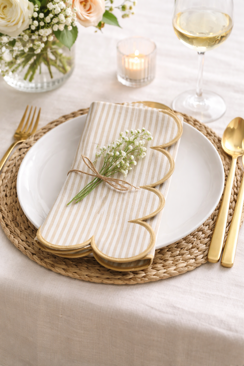 Natural Striped Scalloped Cotton 20" Dinner Napkin - Gather Goods Co.