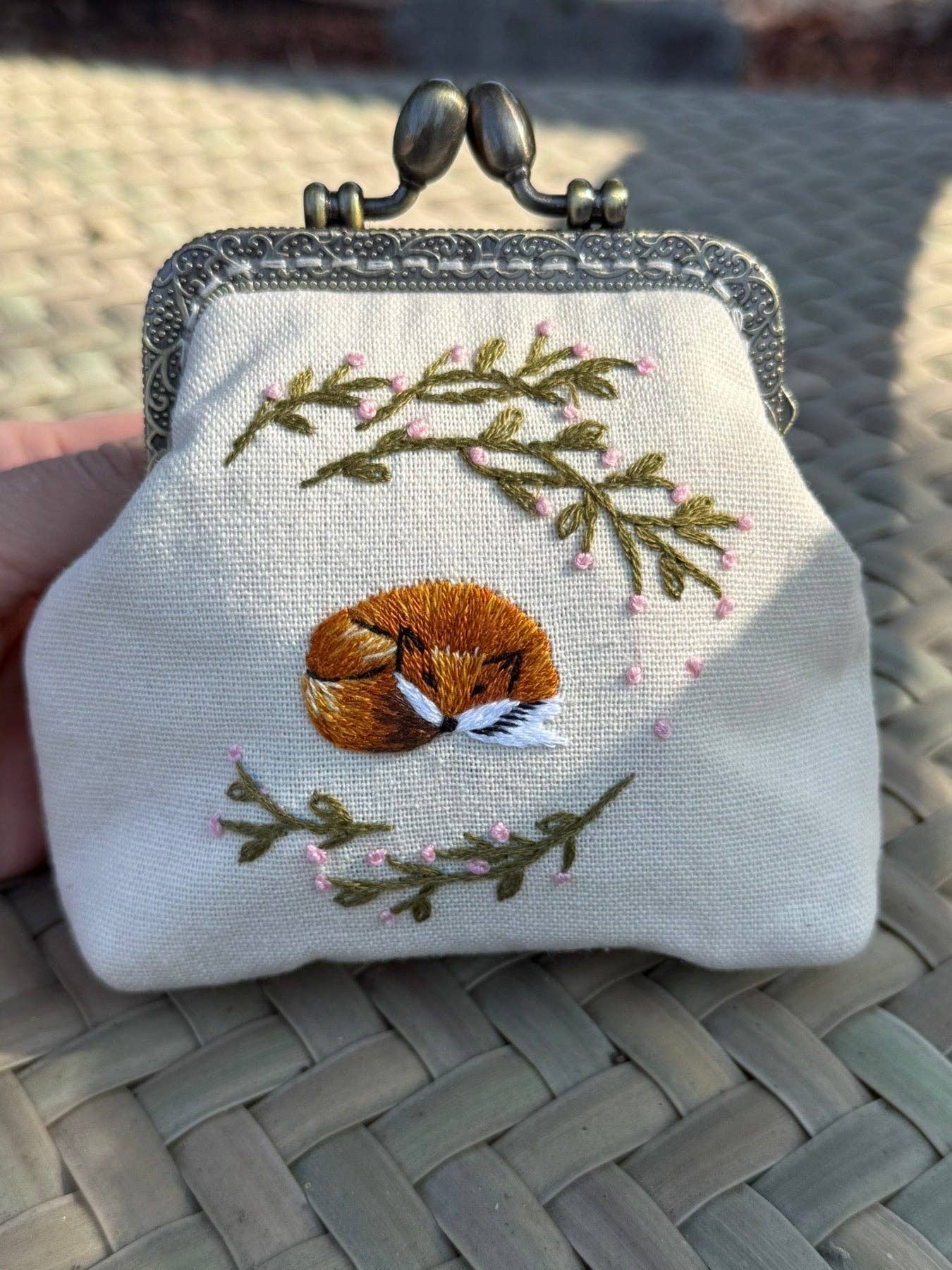 Embroidered Coin Purse with Sleeping Fox - Gather Goods Co.