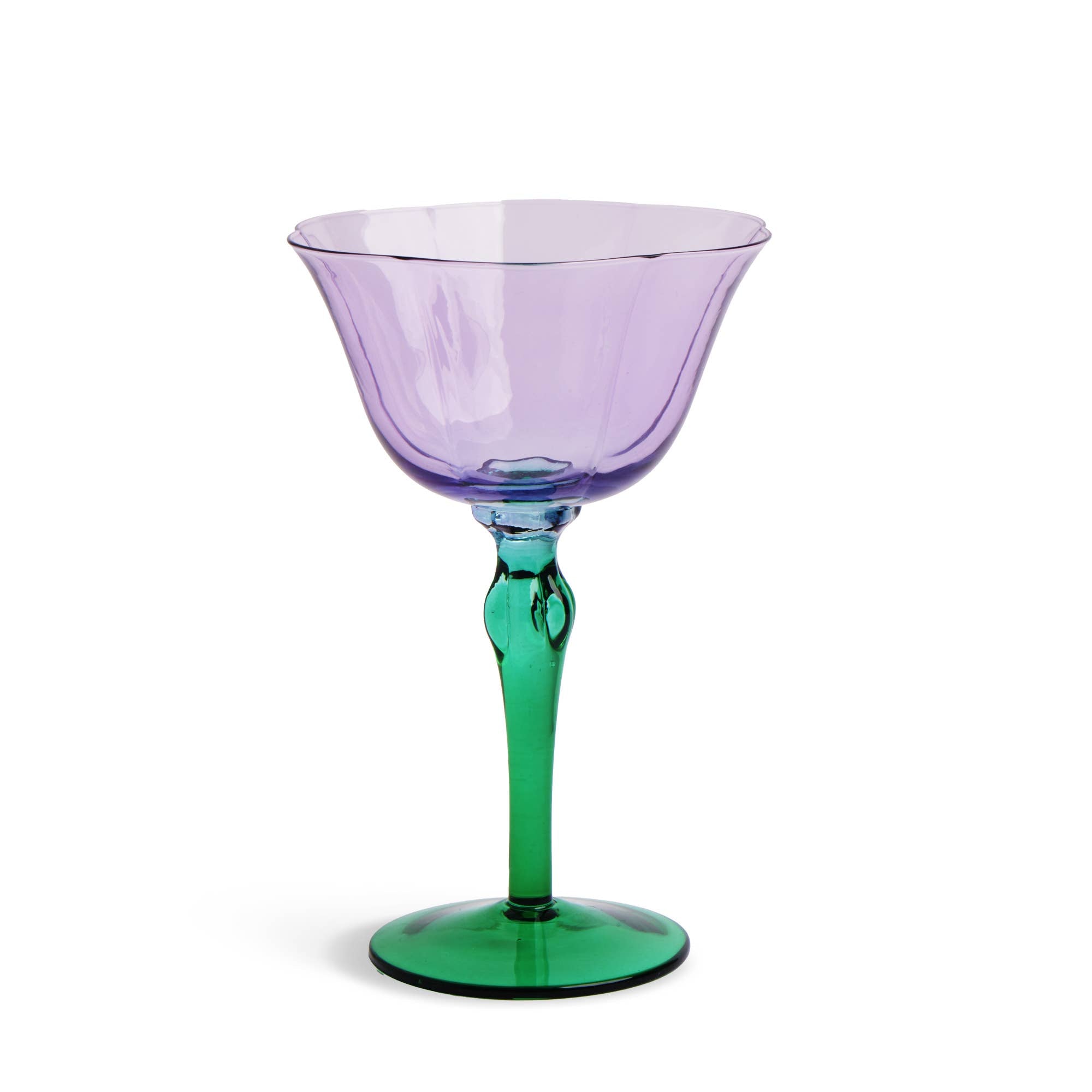 Purple glass with a green stem on a white background