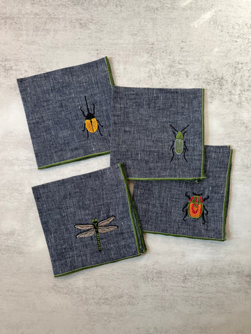 Insect Embroidery Linen Chambray Cloth Napkins, Set of Four