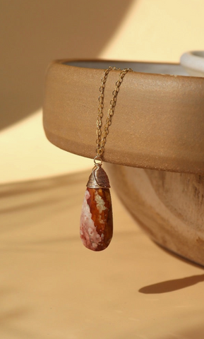 Gold Necklace with Pink Jasper Stone, 14k Gold, 18"