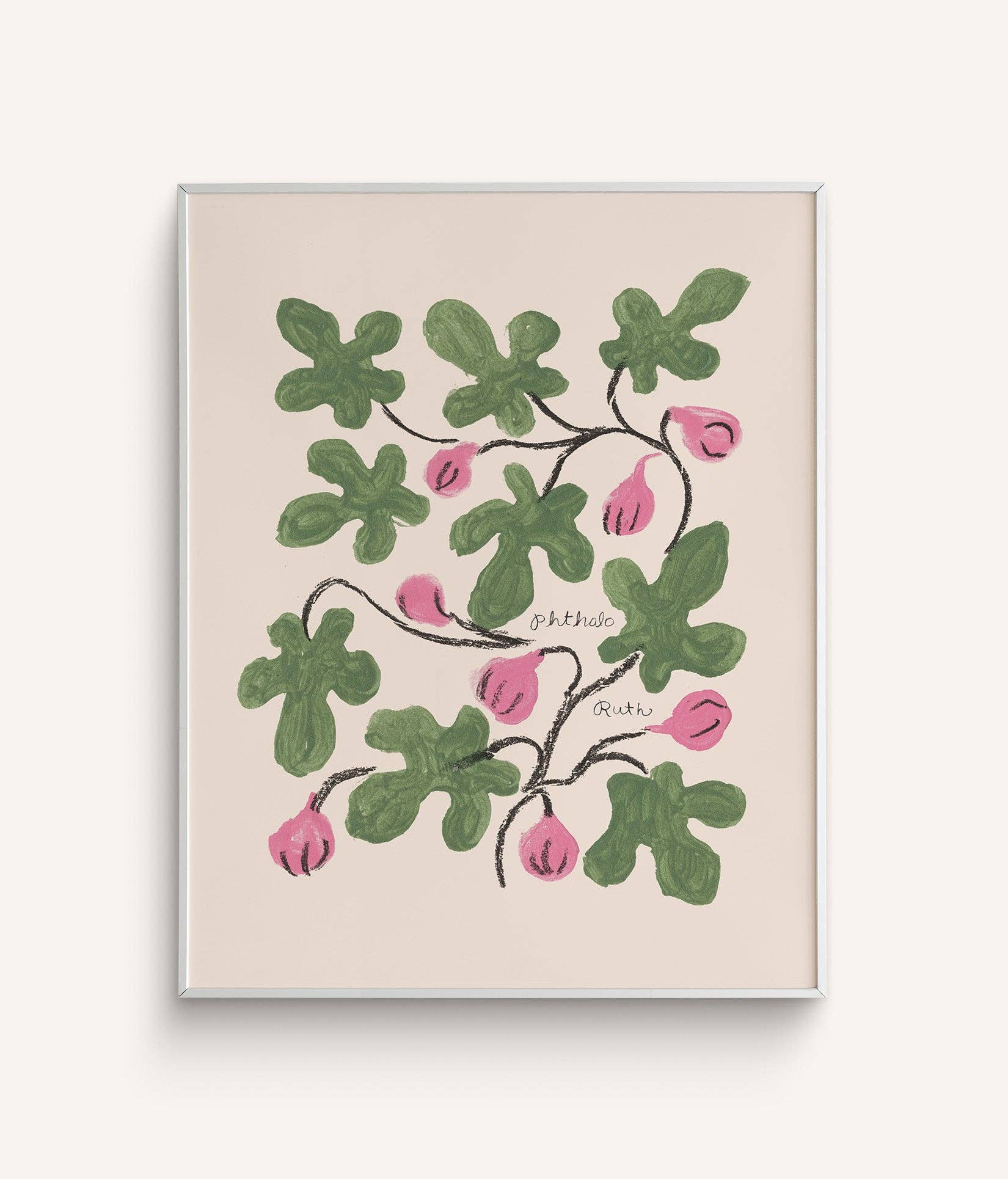 A wall art print featuring pink figs with green leaves and charcoal vines on a beige background.