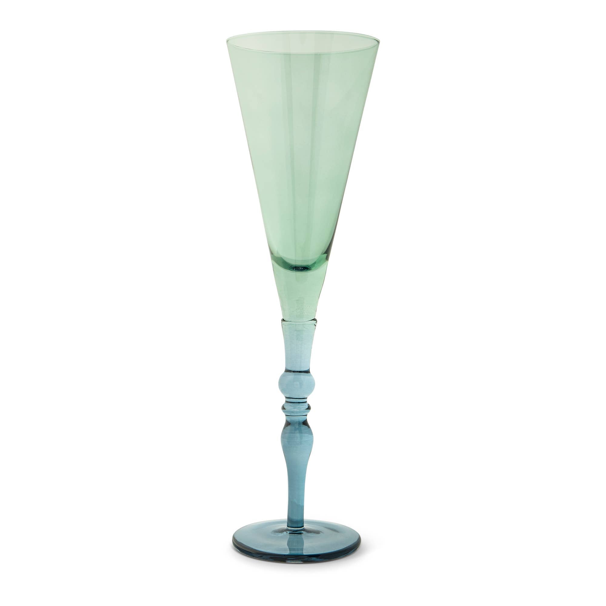 Green and blue glass flute on a white background