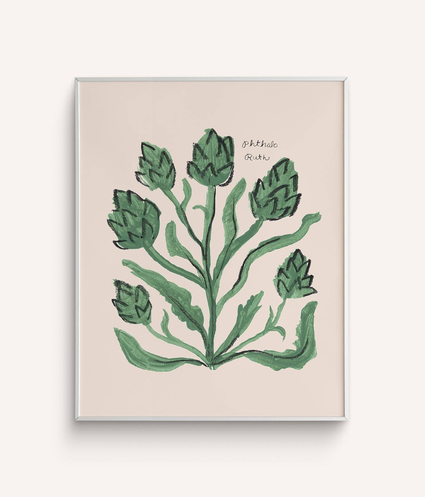 A hand-painted gouache illustration of green artichokes on a white background, labeled with the artist's signature.