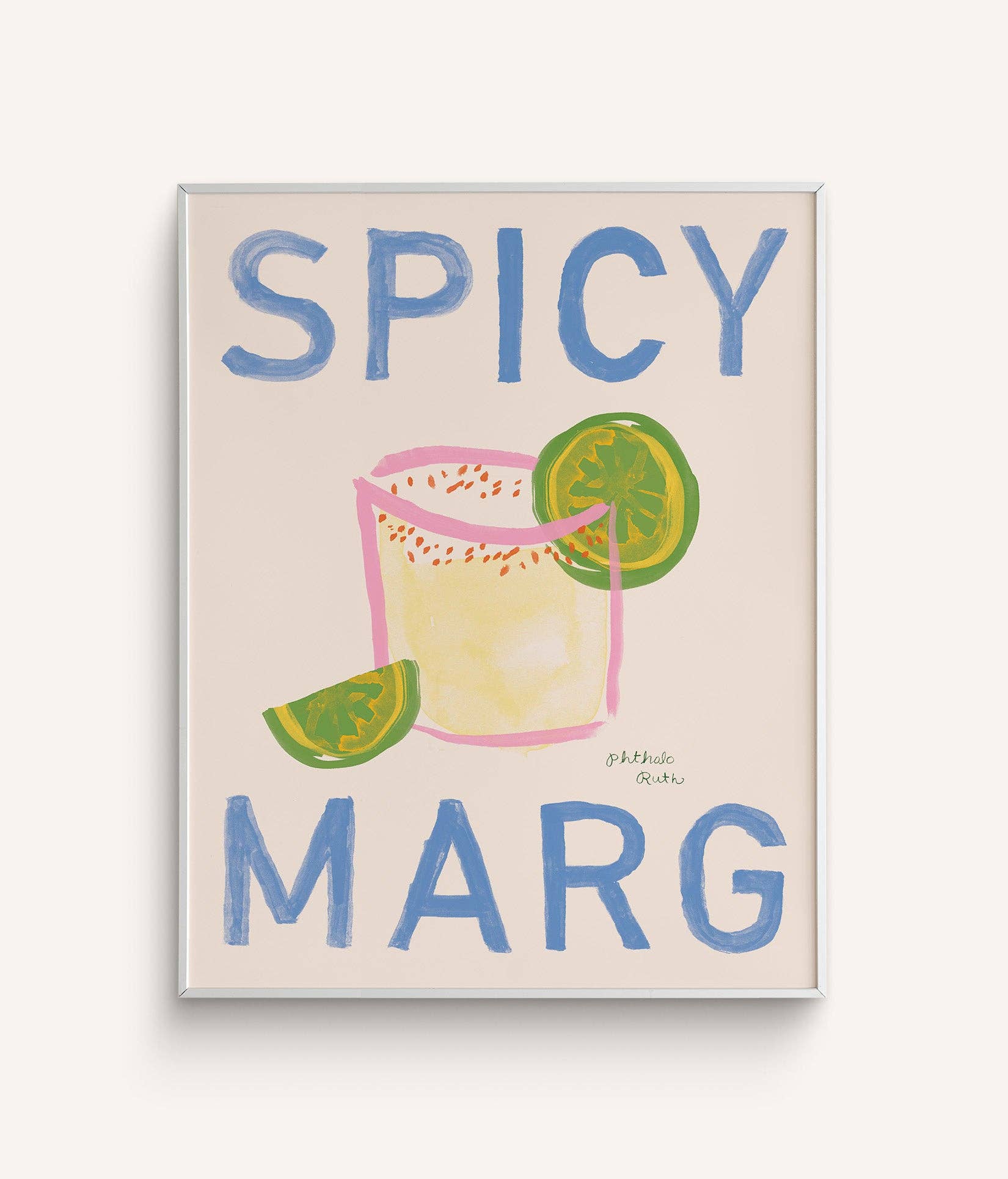A colorful art print with the text 'SPICY MARG' at the top, depicting a painted margarita glass with a lime wedge on a beige background.