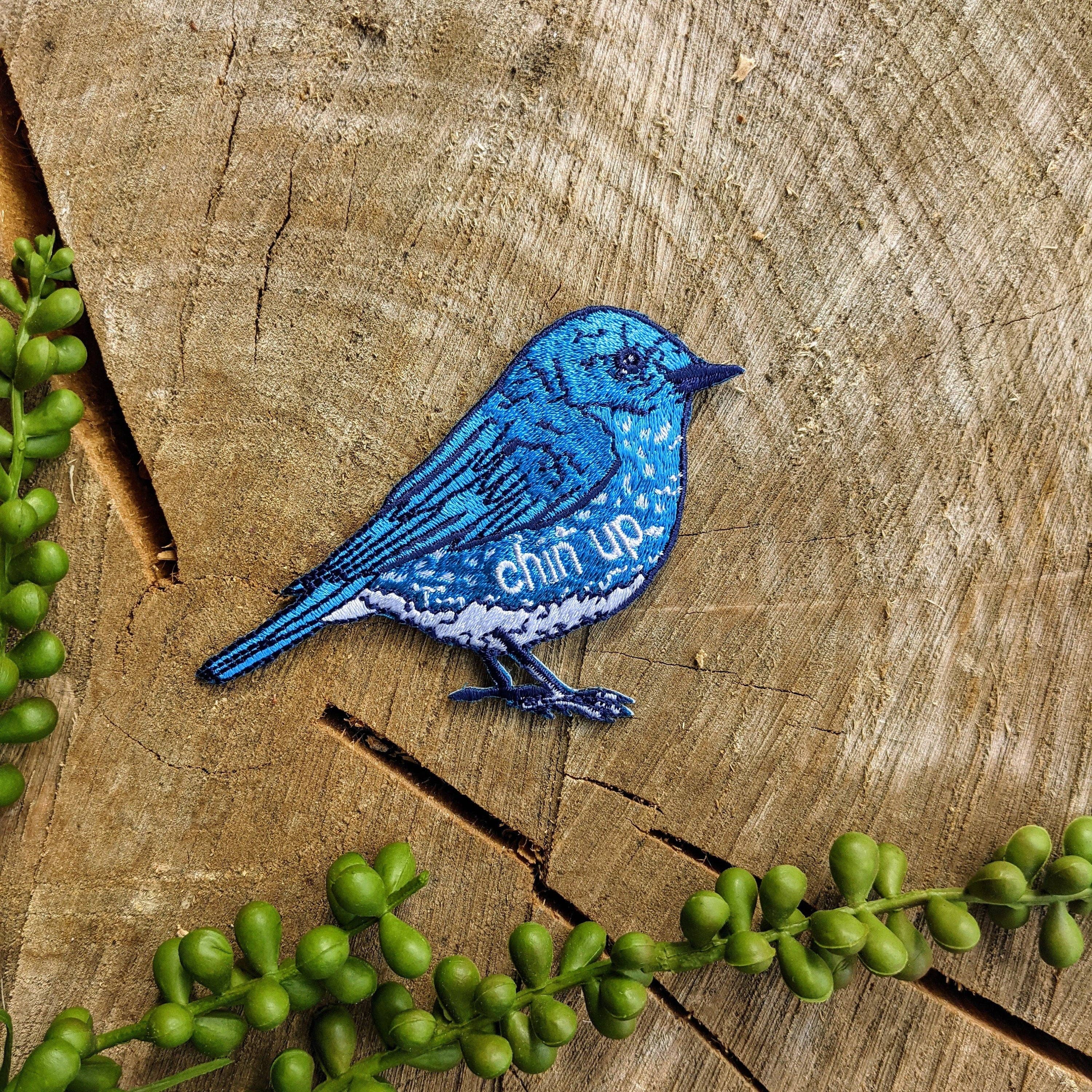 Iron-on patch | chin up blue bird - 3.75" x 2.7" - Gather Goods Co.