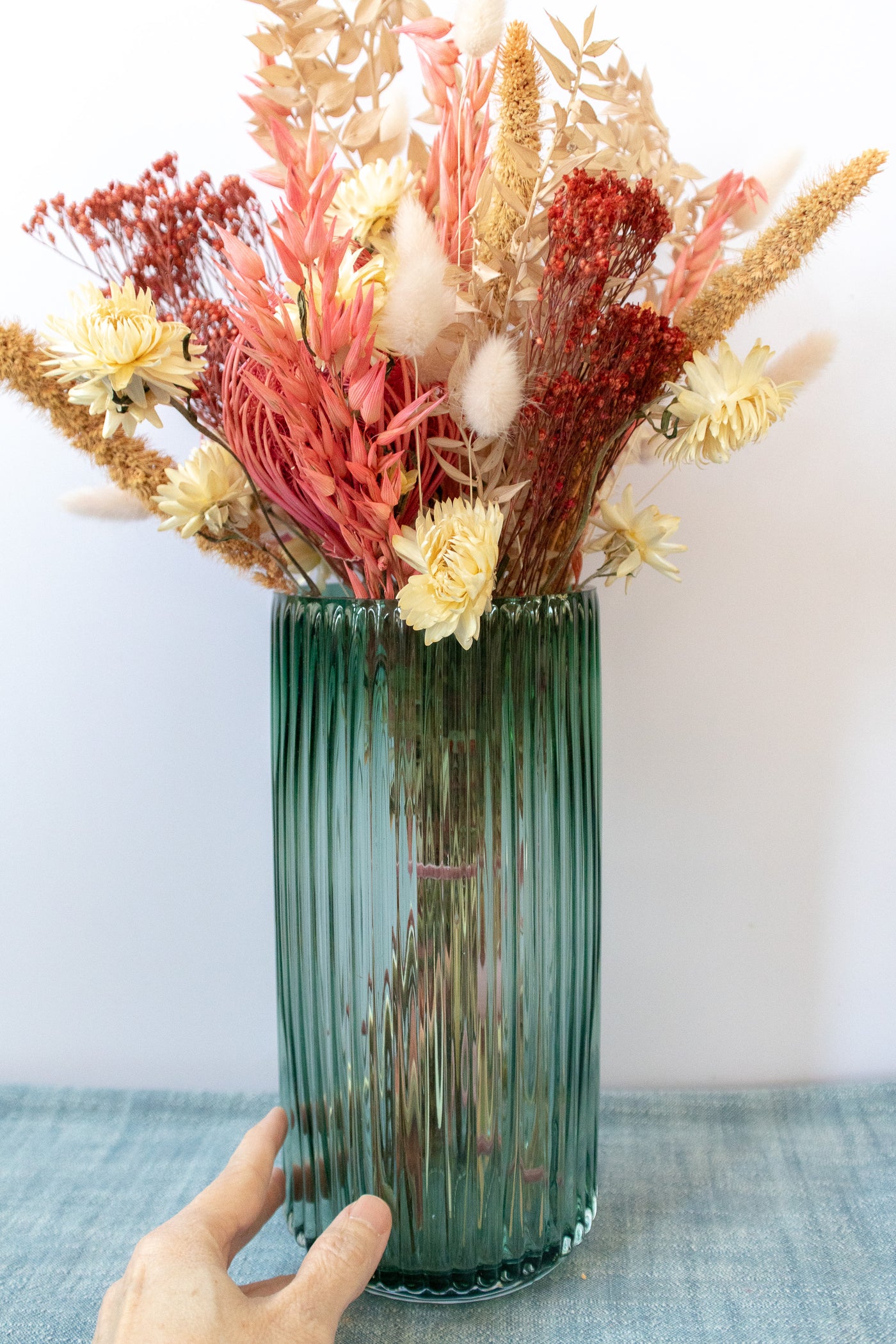 Large Dried Flower Arrangement in A Colorful Glass Vase - Gather Goods Co.