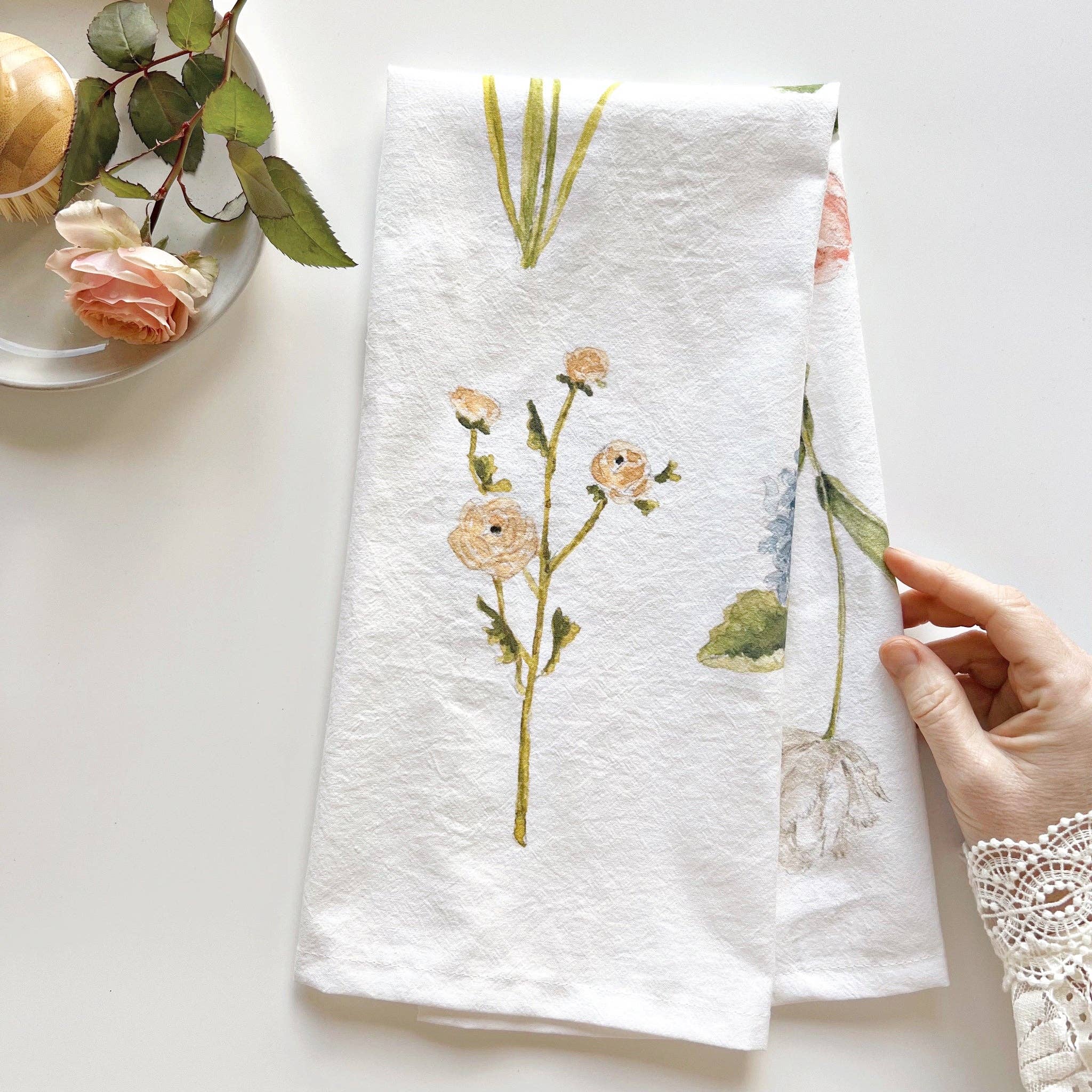 Artistic, Painterly, Watercolor Art Tea Towel with Flower Illustrations On It