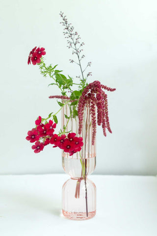 Pink Ribbed Glass Hourglass Vase